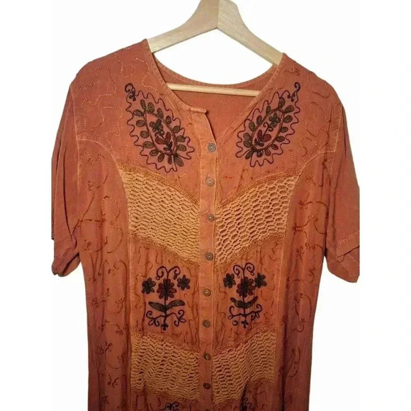 Vintage Boho Terracotta Maxi Dress with Crochet Accents and Floral Embroidered L - Picture 2 of 13